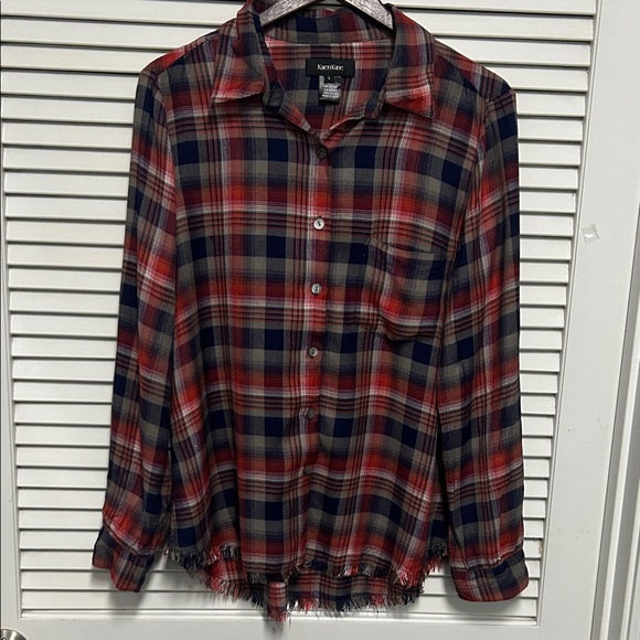 Karen Kane Red and Blue Plaid Casual Button Down Shirt - Picture 1 of 4